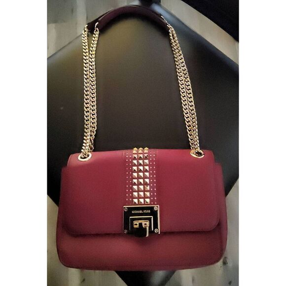 NWT~MICHAEL KORS TINA Red Small Leather Gold Studded Shoulder Bag Purse~$328 - Picture 9 of 12